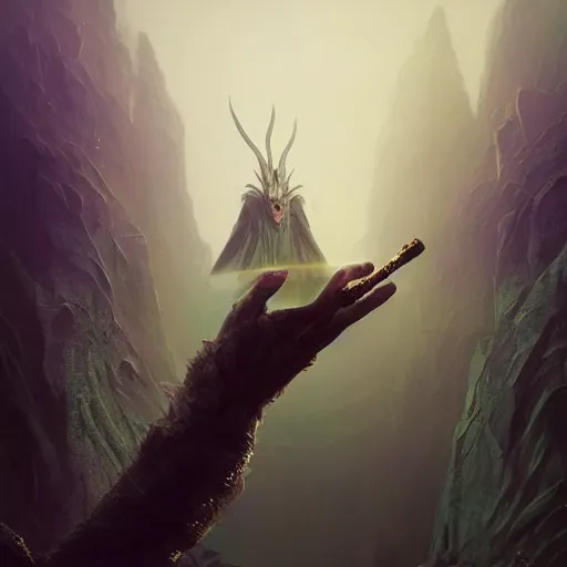 Image similar to scary , epic , Post-processing , low angle , Greg rutkowski legendary matte painting , masterpiece , 8K centered headshot Portrait of a psychedelic godlike mothman posing with a cigar with giant mandala wings smoking a hand-rolled cigarette smoking heavily , magic mushroom village in background , post-processing , award winning. superb resolution. in the art style of Satoshi Kon and Greg Rutkowski , Detailed Mushroom city in background , Hyper realistic anime , Perfect art , Dalle2