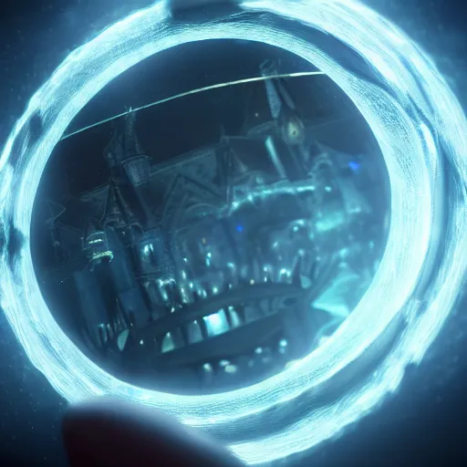 Image similar to a fantasy ring, blue glow, realistic reflections, intricate details, cinematic lighting, depth of field, octane render