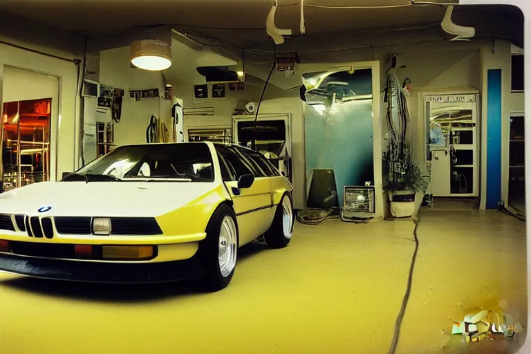 Prompt: A single BMW M1 inside of a car wash, ektachrome photograph, volumetric lighting, f8 aperture, cinematic Eastman 5384 film