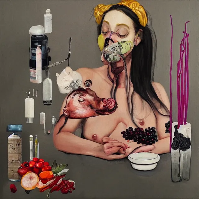 Prompt: “ a portrait in a female art student ’ s apartment, sensual, a pig theme, syringe, anaesthetic, art supplies, surgical iv drip, octopus, ikebana, herbs, a candle dripping white wax, squashed berries, berry juice drips, acrylic and spray paint and oilstick on canvas, surrealism, neoexpressionism ”