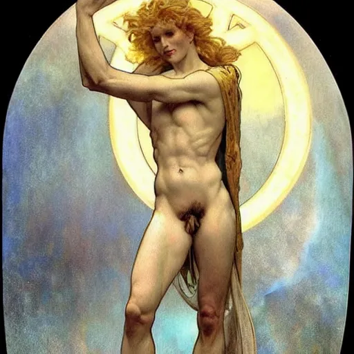 Image similar to A extreme long shot, stunning, breathtaking, awe-inspiring, award-winning, ground breaking, concept art, nouveau painting, of Lucifer, extra-light natural blonde hair, sophisticated well rounded face, bright glowing eyes, fit body, porcelain looking skin, standing tall invincible over the remains of Heaven, by Michelangelo, Alphonse Mucha, Michael Whelan, William Adolphe Bouguereau, John Williams Waterhouse, and Donato Giancola, Dark Fantasy mixed with Socialist Realism, exquisite, intricate, dramatic, hyperrealistic, atmospheric, cinematic, trending on ArtStation , symmetrical, high resolution, 3D, PBR, path tracing, volumetric lighting, octane render, arnold render, 8k