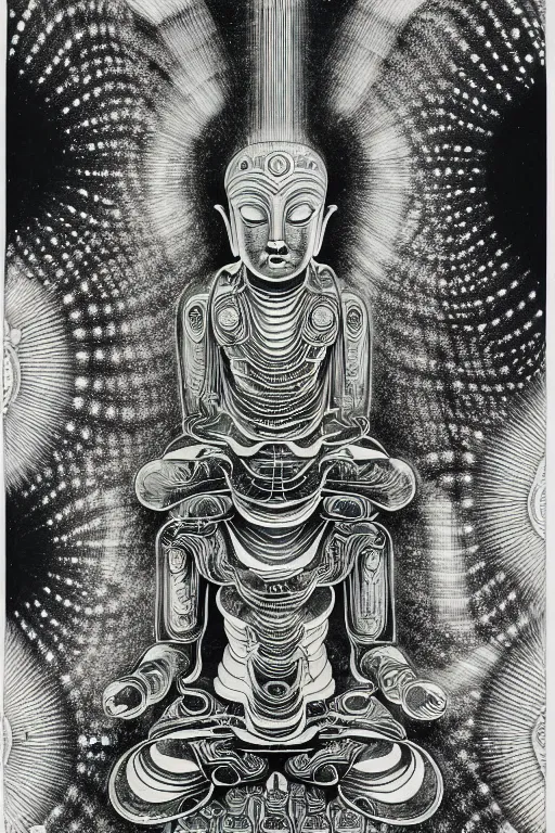 Image similar to a black and white drawing of awakened ancient futuristic japanese buddha mech meditating, bioluminescence, a detailed mixed media collage by eduardo paolozzi and ernst haeckel, intricate linework, sketchbook psychedelic doodle comic drawing, geometric, deconstructivism, matte drawing, academic art, constructivism