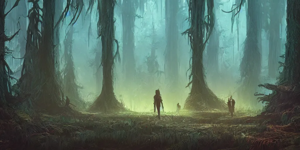 Image similar to reed - people in futuristic spiritual mystical post apocalyptic swampy forest drawn by ron gilbert, dim painterly volumetric aquatic lighting, scenic, beautiful, crisp, artstation, highly detailed