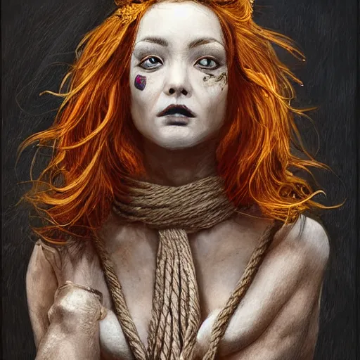 Image similar to portrait of a Shibari rope wrapped face and neck, headshot, insanely nice professional hair style, dramatic hair color, digital painting, of a old 13th century, traveler, amber jewels, baroque, ornate clothing, scifi, realistic, hyperdetailed, chiaroscuro, concept art, art by Franz Hals and Jon Foster and Ayami Kojima and Amano and Karol Bak,