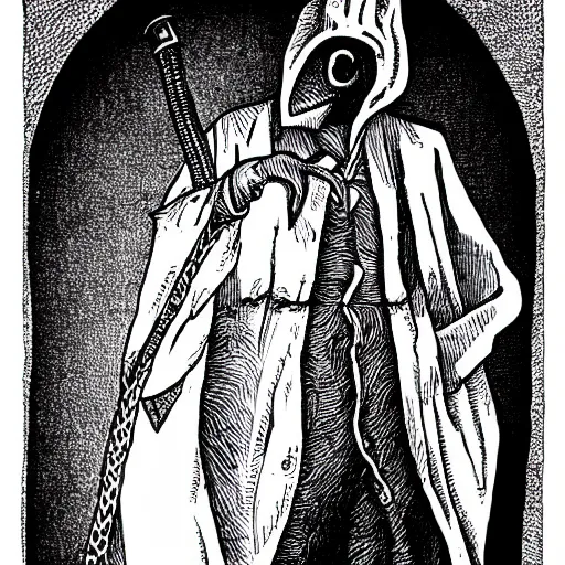 Image similar to plague doctor, detailed, pen and ink, stippling