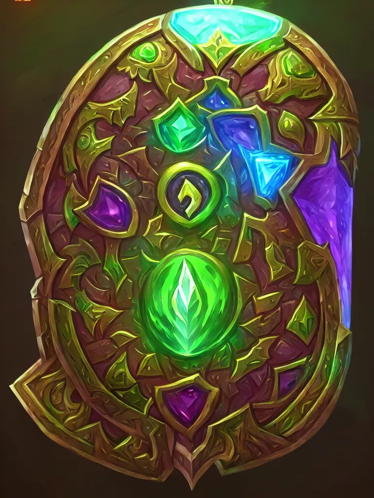 Prompt: square bright shield of warcraft blizzard shield art, a spiral colorful gems shield. bright art masterpiece artstation. tree and roots shield, 8 k, sharp high quality illustration in style of jose daniel cabrera pena and leonid kozienko, green colored theme, concept art by tooth wu, card frame