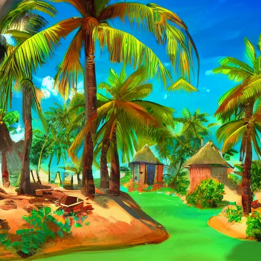 Image similar to a village on a tropical island, very colorful, beach, palms, trending on artstation