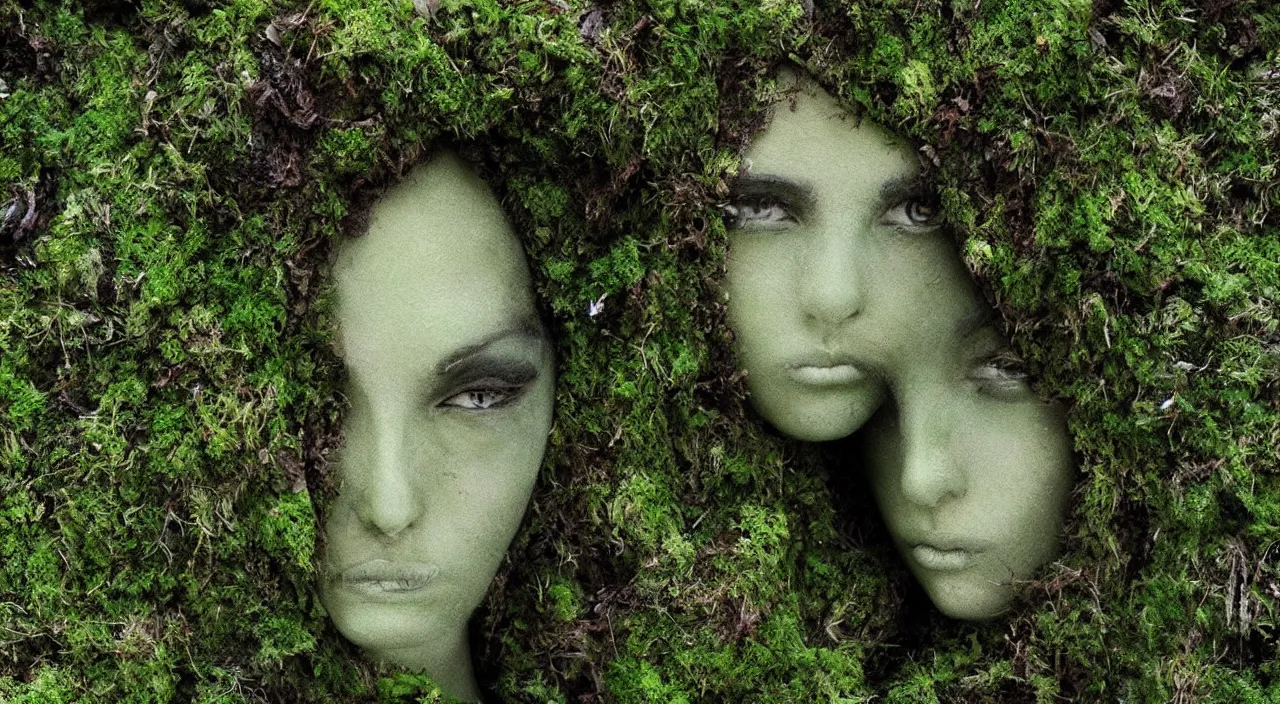 Image similar to Moss-covered Gaia goddess shedding a single tear