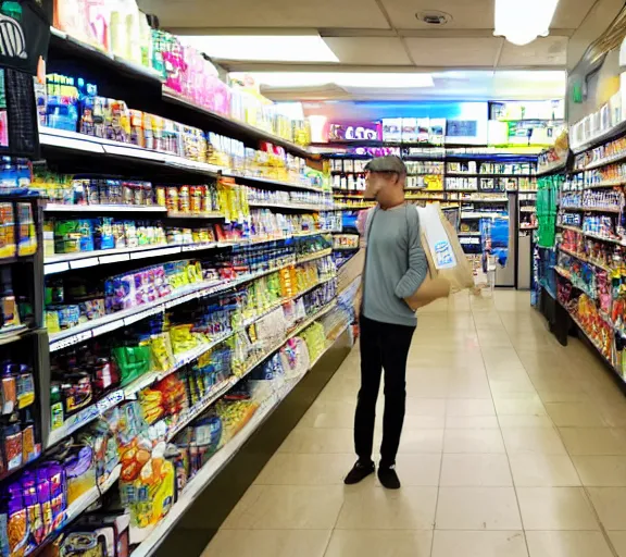 Prompt: a posthuman android with a shopping bag, standing in a line to the cash register in a convenience store, 4 k award winning photo