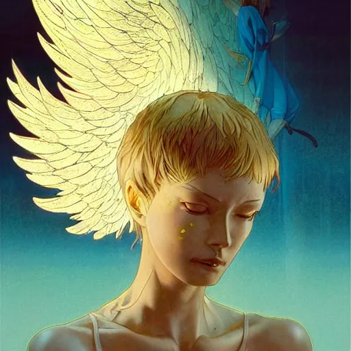 Image similar to prompt : angel women with golden wings soft light painted by james jean and katsuhiro otomo and erik jones, inspired by akira anime, smooth face feature, intricate oil painting, high detail illustration, sharp high detail, manga and anime 1 9 9 9