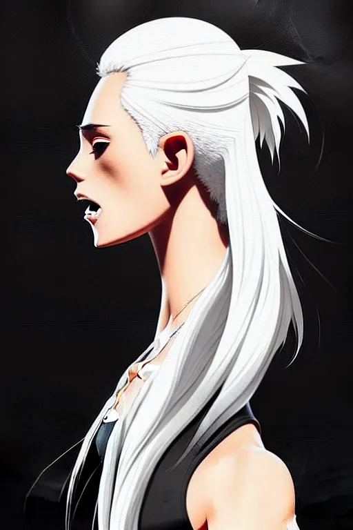 Image similar to a ultradetailed beautiful painting of a stylish woman in with white hair in a ponytail, she is wearing a black tank top, by conrad roset, greg rutkowski and makoto shinkai trending on artstation