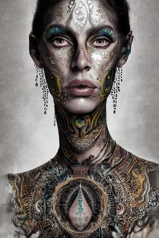 Prompt: a centered render of an mytical festival hippy with tribal tattoos wearing intricate metallic clothing surrounded by a underwater ink pour and flowing liquid gallium and sacred geometry, perfect body and face, gorgeous, cinematic, beautifully lit, by alberto seveso, by zack snyder, by cory loftis, 3 d, trending on artstation, octane render, 8 k