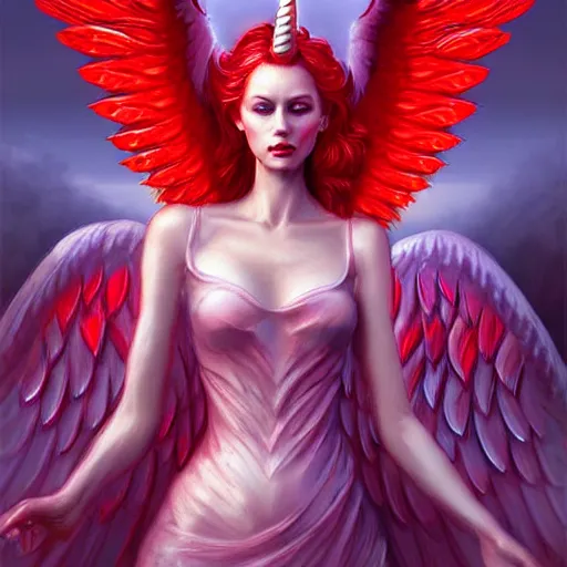 Prompt: woman - unicorn hybrid red angel - wings, stunning, beautiful dress, open eyes, realistic, symmetric portrait, face, intricate, very detailed, fantasy digital art, trending in artstation, marc simonetti