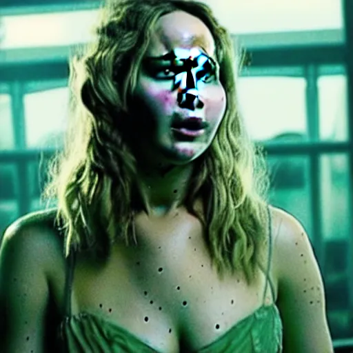 Image similar to cinematic jennifer lawrence as frankensteins monster, color photography, sharp detail, she is amused, still from the movie avengers