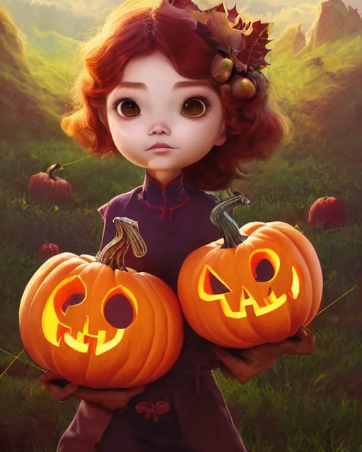 Prompt: An epic fantasy comic book style portrait painting of an extremely cute and adorable very beautiful pumpkin pie girl, character design by Mark Ryden and Pixar and Hayao Miyazaki, unreal 5, DAZ, hyperrealistic, octane render, cosplay, RPG portrait, dynamic lighting, intricate detail, harvest fall vibrancy, cinematic