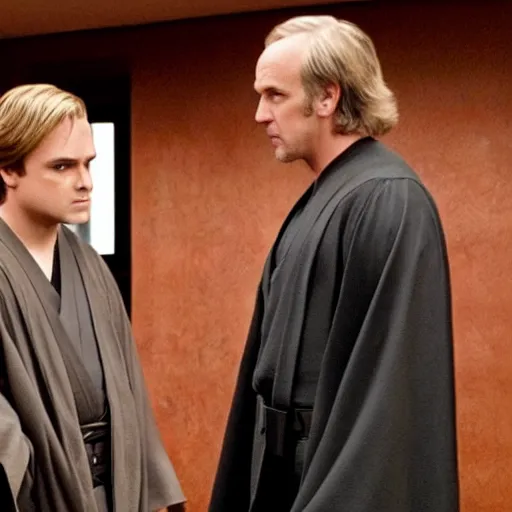 Image similar to jedi master anakin skywalker in jedi robes talking to saul goodman in a suit in court, us court, better call saul scene 1 0 8 0 p, court session images, realistic faces