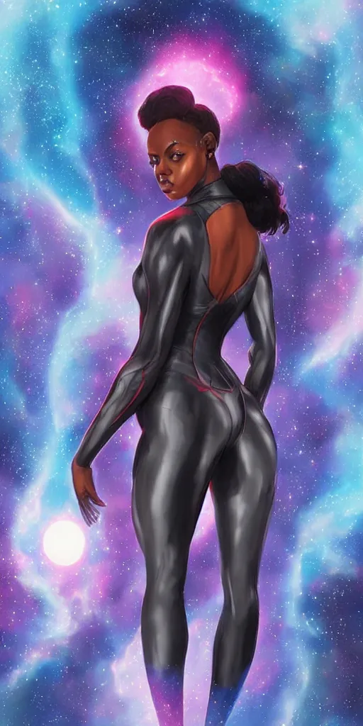 Image similar to beautiful black woman in an advanced spacesuit in front of exploding nebulae halos, digital illustration trending on artstation by artgerm and rutkowski