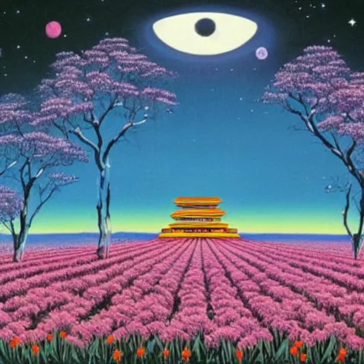 Prompt: a beautiful painting of a large alien shrine shrouded by mystic nebula magic in a field of flowers by hiroshi nagai