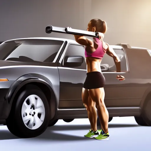 Image similar to sweaty muscular female lifting a car, photorealistic