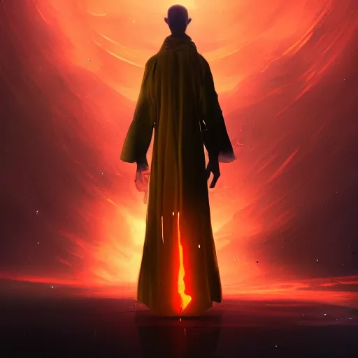 Image similar to award - winning. trending on artstation. 4 k. eerie tone. a figure wearing layered yellow robes standing in front of a black hole in space. dark background. in the style of cedric peyravernay. full - body