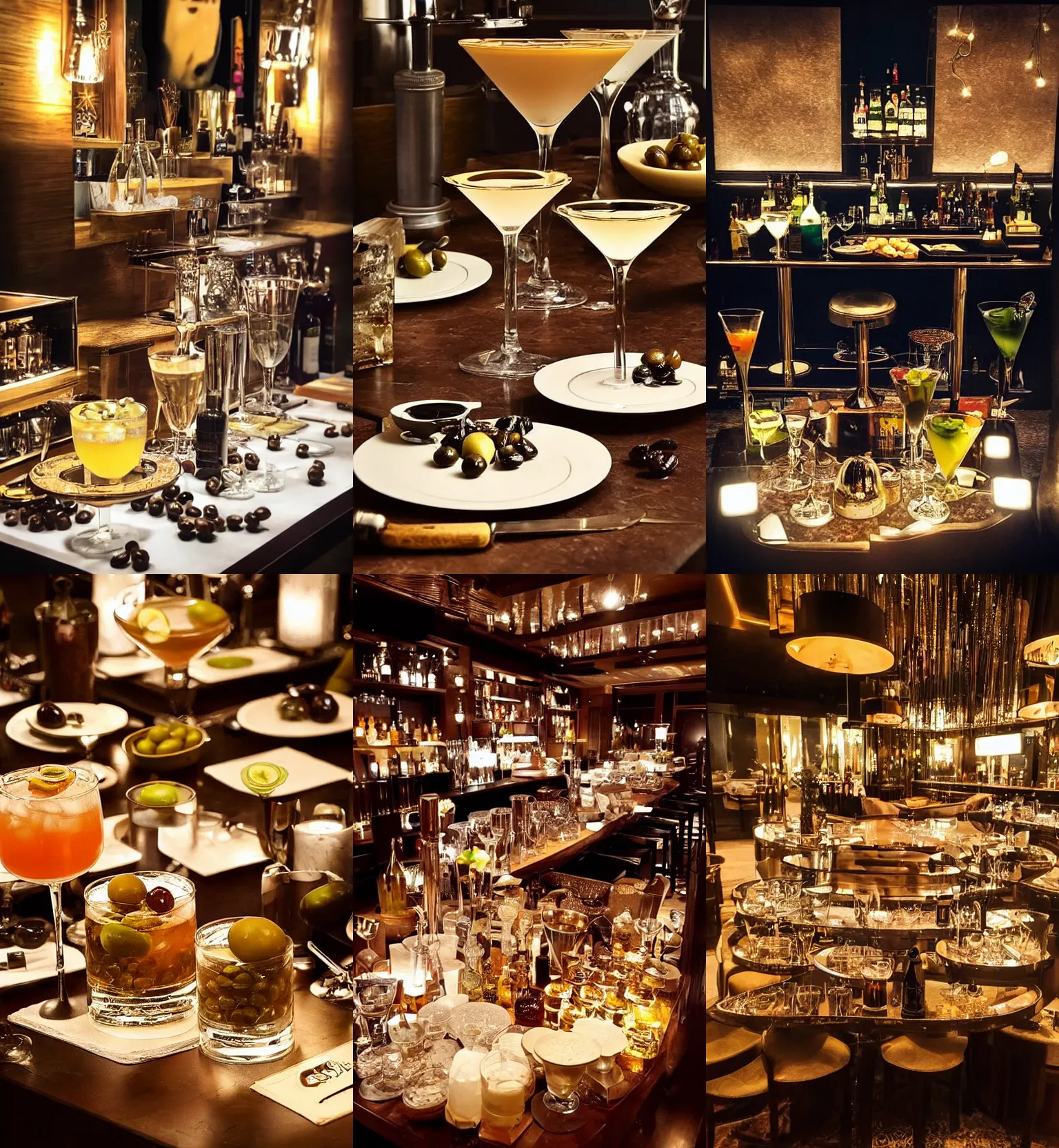 Prompt: “ luxurious cocktail bar table, under dimmed lights with four classic cocktails of different style, in the middle of table is small snack plate of olives and glasses of chilled water on every corner ”