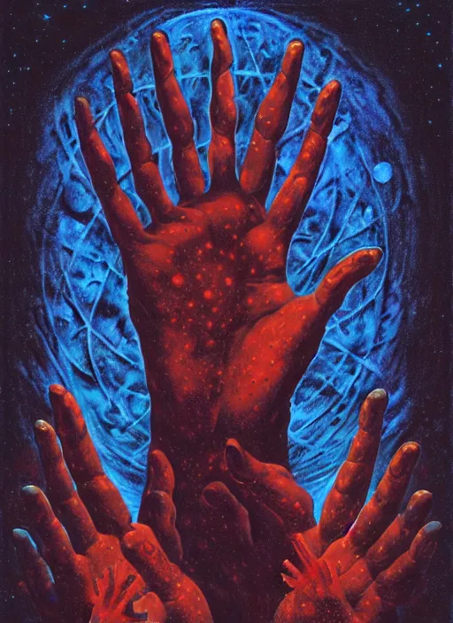 Image similar to antediluvian occult cosmology, panspermia, occult magic hand gestures, magick ritual hand signs, by joe jusko and remedios varo and daniel arsham and robert hooke, rule of thirds, vivid colours, negative space, atmospheric, digital painting, artstation, concept art, smooth, sharp focus