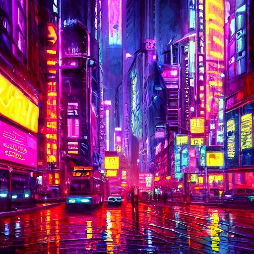 Image similar to an impressionist oil painting of a cyberpunk city with a lot of neon signs, highly detailed, texture, masterpiece, trending on artstation, pink, purple, huge scale, beautiful