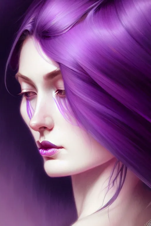 Image similar to Purple hair, creative colouring Portrait of woman face profile, fashion, colored strands of hair, intricate, elegant, highly detailed, digital painting, artstation, concept art, smooth, sharp focus, illustration, art by artgerm and greg rutkowski and alphonse mucha