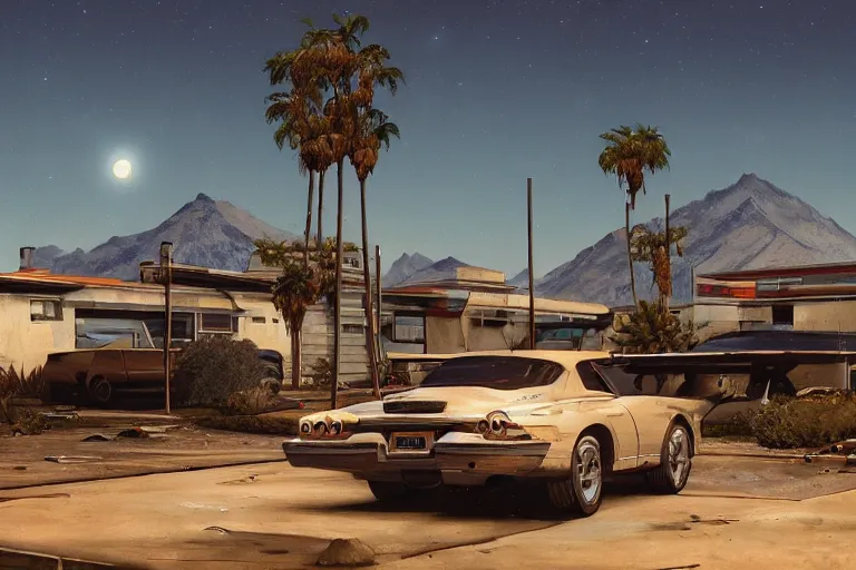 Image similar to broken robot | abandoned motel | palm trees | snowy mountains | moon in sky, painting by syd mead and weta studio and moebius and james jean and frank frazetta, gta san - andreas game screenshot, highly detailed, rule of third, soft lighting, architectural magazine, insanely intricate details, artstation trending, hypermaximalistic, high details, cinematic