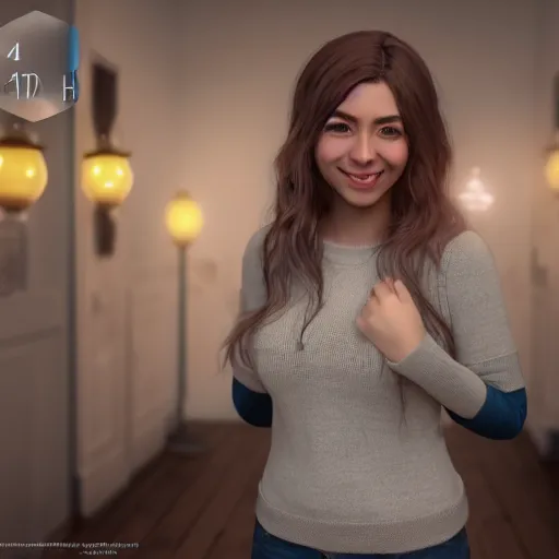 Prompt: Render of Mirabel Madrigal, a cute 3D young woman, smiling softly, wearing casual clothing, interior lighting, cozy living room background, medium shot, mid-shot, hyperdetailed, trending on Artstation, Unreal Engine 4k