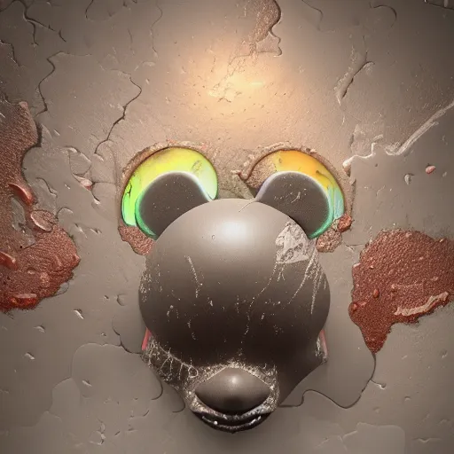 Prompt: counterfeit mickey mouse head, fractal, fractured broken, DMT dystopia, melting, wet, mycelium, radiant alien, rococo, baroque, automotive, bio-mechanical, porcelain, iridescent, sub surface scattering, octane render, unreal engine 5