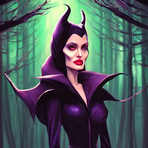 Image similar to portrait of angelina jolie as maleficent, dark forest at nighttime, background, rich vivid colors, ambient lighting, dynamic lighting, 4k, official media, anime key visual, makoto shinkai, ilya kuvshinov, lois van baarle, rossdraws, detailed, trending on artstation