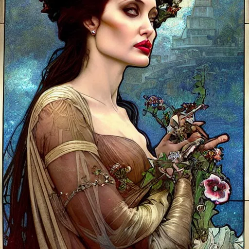 Prompt: realistic detailed face portrait of Angelina Jolie as a beautiful young Medieval Queen by Alphonse Mucha, Ayami Kojima, Amano, Charlie Bowater, Karol Bak, Greg Hildebrandt, Jean Delville, and Mark Brooks, Art Nouveau, Neo-Gothic, Surreality, gothic, rich deep moody colors