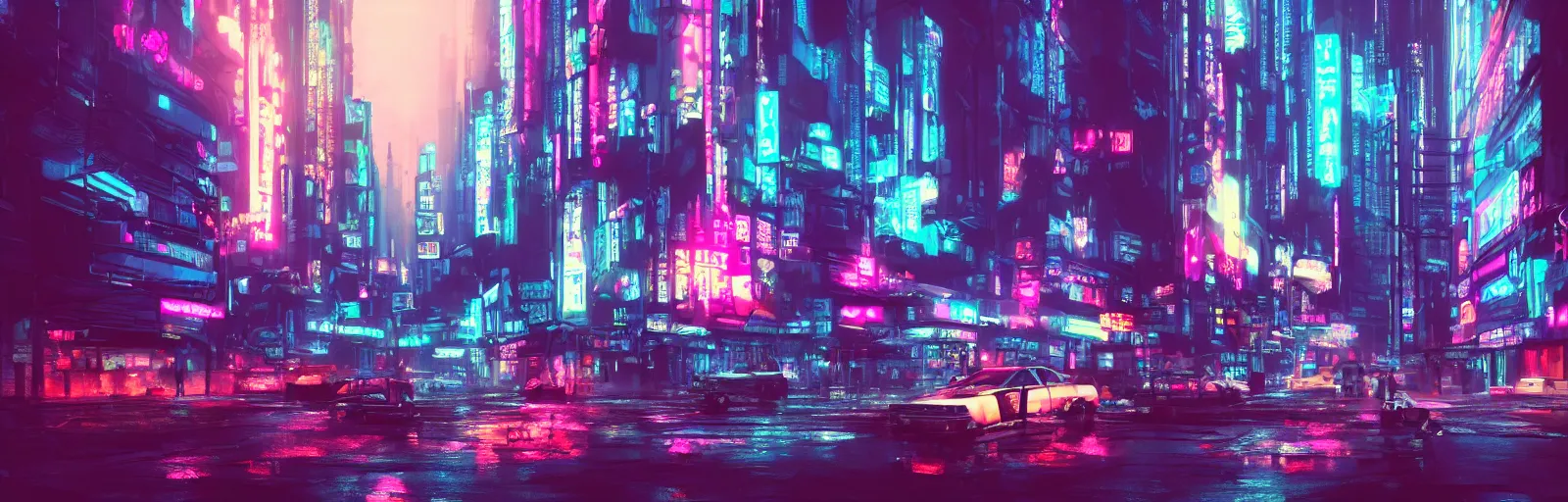 Image similar to street view of a cyberpunk city center, in the style of Blade Runner, rainy weather, neon lighting, vaporwave, retro wave, synthwave, highly detailed, digital painting, concept art, illustration, artstation, Roger Deakin's cinematography, Liam Wong, photo-realistic, cinematic lighting, 8k,