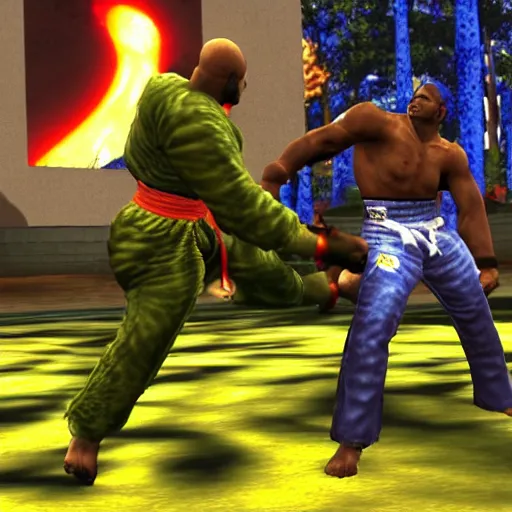 Prompt: attacking screenshot of anderson silva in tekken, ps 1 graphics, fighting game, forest, sd video, tekken playstation, health bar hud