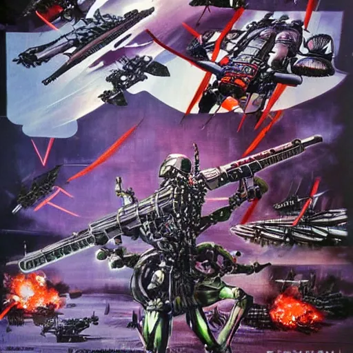 Prompt: black light poster of futuristic war between zombie chinese russian military designed by yasushi nirasawa versus syd mead designed biomechanical us european military forces