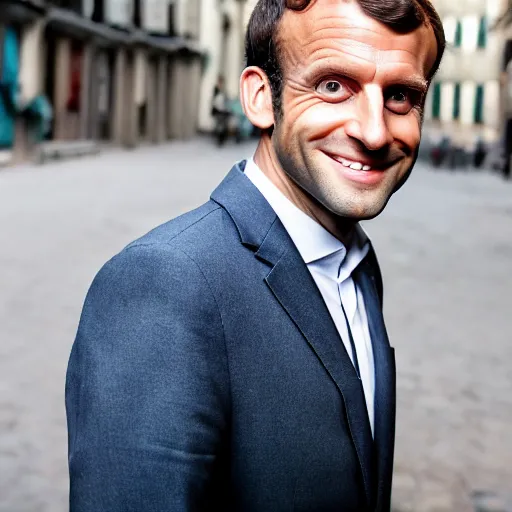 Prompt: closeup portrait of emmanuel macron smiling trying to rob you at gunpoint in a smoky back street, natural light, sharp, detailed face, magazine, press, photo, steve mccurry, david lazar, canon, nikon, focus