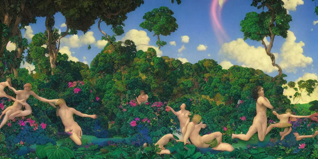 Prompt: a landscape of the Garden of Eden by Maxfield Parrish in a vaporwave style, digital art 8k