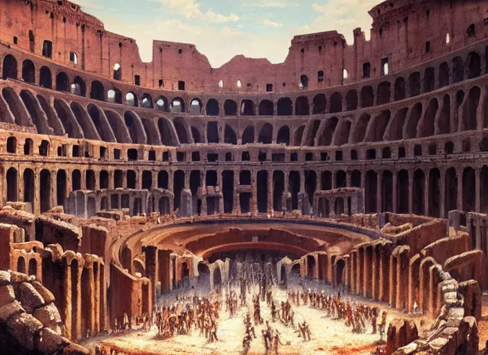 Prompt: Colosseum interior in the 100AD with two fighters in the middle and crowds cheering in kindah,digital art,realistic,detailed,art by greg rutkowski