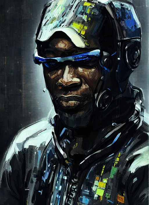 Prompt: portrait of african man warrior, techwear, cyberpunk, by rafael albuquerque