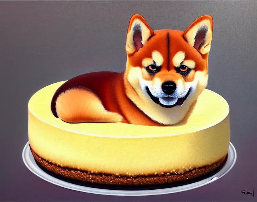 Image similar to a photorealistic painting of a shiba inu as a cheesecake, oil on canvas, highly detailed, pretty