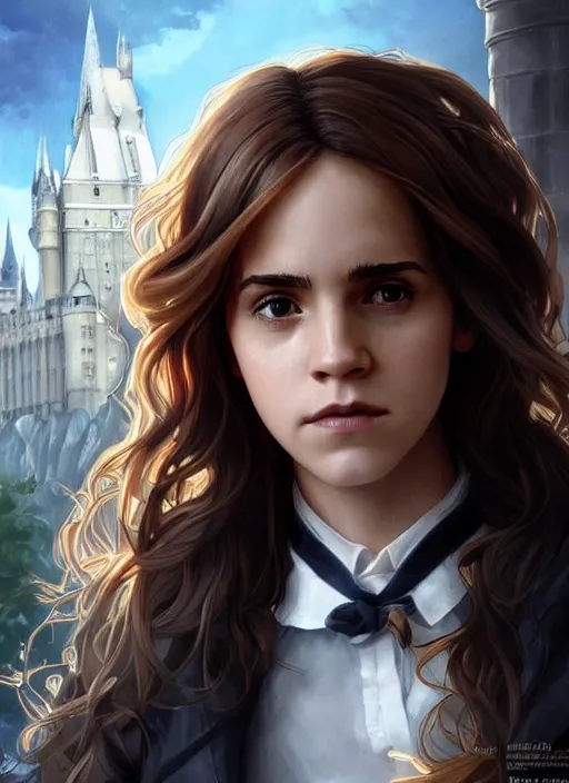 Prompt: hermione! granger! at hogwarts!! by emma watson. beautiful detailed face. by artgerm and greg rutkowski and alphonse mucha