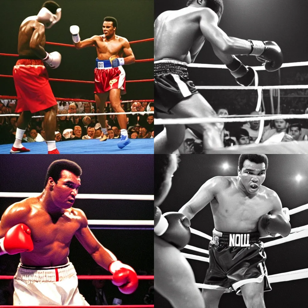Prompt: Mohammed Ali in the ring, Fast shutter speed, high speed, action photo, Sports Illustrated