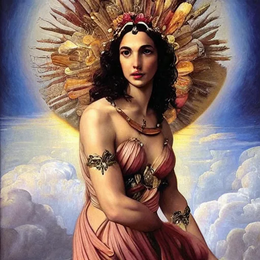 Image similar to Head and shoulders masterpiece portrait oil painting of the beautiful goddess Gal Gadot as Ceres, she is wearing roman clothes and a surreal jewelry, her hair is natural disheveled, she is approaching heaven over the clouds, naturalism, dramatic lighting, high-detailed oil painting by Ilya Repin, Michelangelo da Caravaggio, William Blake, Alex Grey and Beksinski, trending on Artsation, hystorical painting, naturalism, masterpiece, 4k, 8k,
