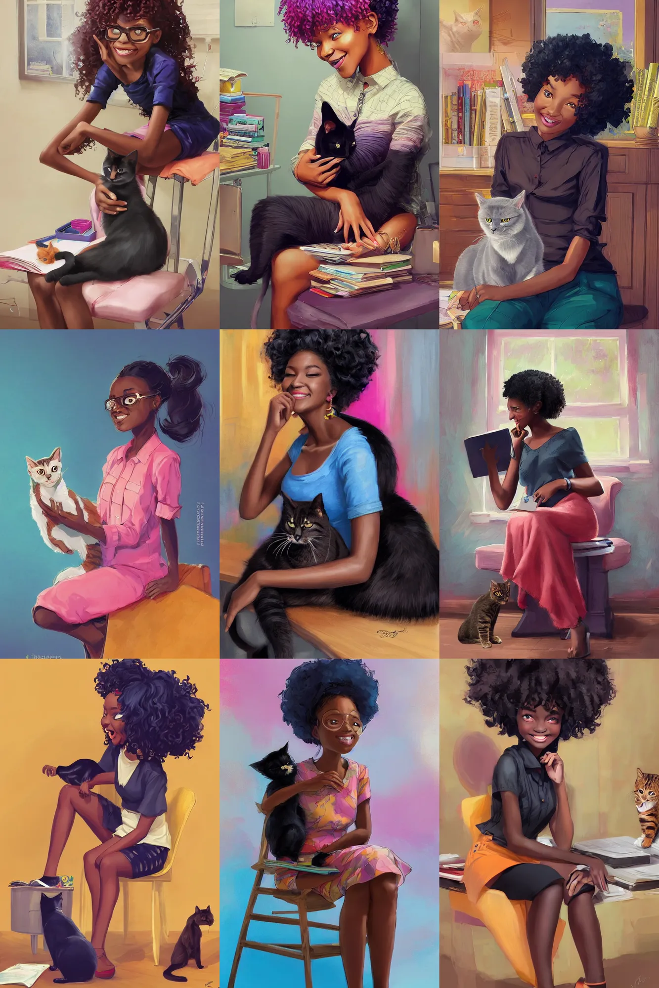 Prompt: a beautiful black girl sitting in her office petting a cat in her lap | | cute - fine - subtle smile, colorful hair, face, pretty face, fine details by stanley artgerm lau, wlop, rossdraws, james jean, andrei riabovitchev, marc simonetti, and sakimichan, trending on artstation