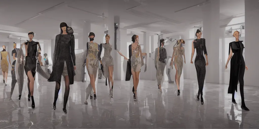 Image similar to Fashion Catwalk in a luxurious apartment interior, concept art, rendering, hyperdetailed, unreal engine 5, 4k