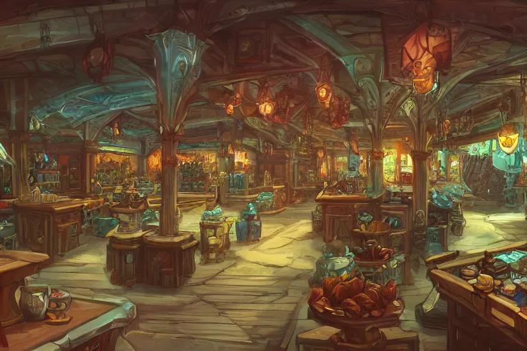 Image similar to interior wide angle shot of a fantasy coastal market place in the style of arcane league of legends, christopher c. lee, moebius, makoto shinkai