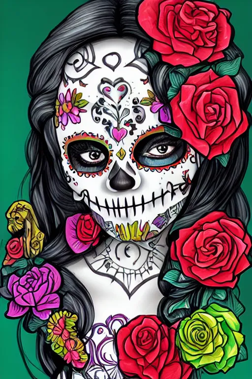 Prompt: Illustration of a sugar skull day of the dead girl, art by Steve henderson