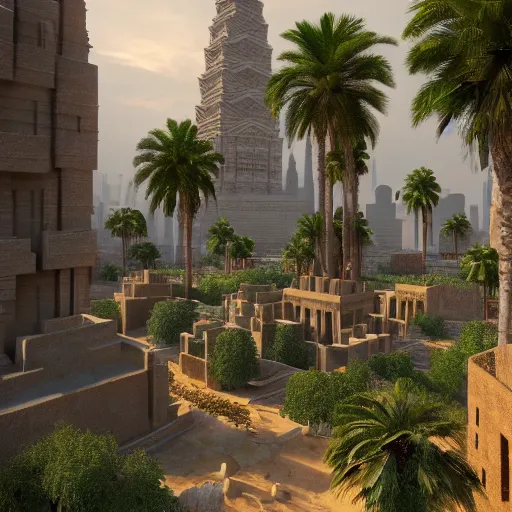 Image similar to gardens of Babylon made of gold towers, architecture, realistic, epic scale, mountains, palm trees, dramatic lighting, 8k, post processing, trending on artstation, environment highly detailed