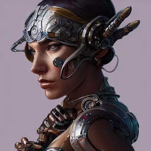 Prompt: side view of a cyborg woman, D&D, fantasy, intricate, elegant, highly detailed, digital painting, artstation, concept art, matte, sharp focus, illustration, hearthstone, art by Artgerm and Greg Rutkowski and Alphonse Mucha